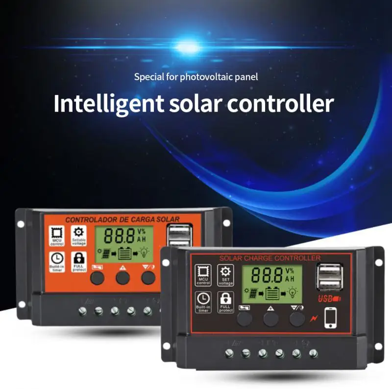 10A 20A 30A PWM Солнечный контроллер заряда, Регулятор 12V 24V с ЖК-дисплеем, двойная зарядка через USB Изображение 0