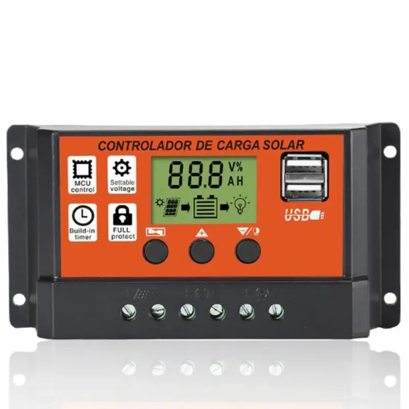 10A 20A 30A PWM Солнечный контроллер заряда, Регулятор 12V 24V с ЖК-дисплеем, двойная зарядка через USB Изображение 3