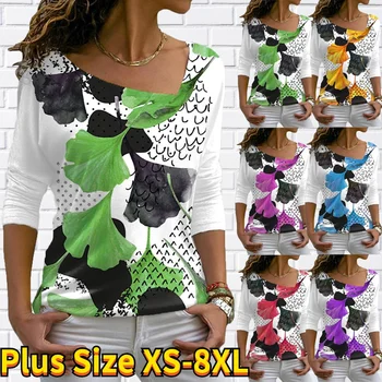 Летняя женская футболка с геометрическим рисунком 2022, базовые топы с геометрическим принтом, V-образный вырез, футболка с длинным рукавом и 3D-принтом XS-8XL