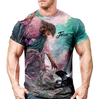 Винтажные футболки для мужчин, футболки с 3D принтом Иисуса, топы с коротким рукавом, Футболки с круглым вырезом и крестом, ретро-одежда, Трендовая футболка 2023