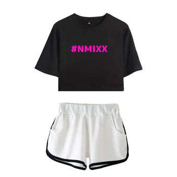 NMIXX Футболка, Комплект с короткими штанами, Женские Летние Y2k, Сексуальные Укороченные топы, Спортивные костюмы из двух частей, Kpop, Модная Повседневная Футболка Для девочек, Спортивные костюмы