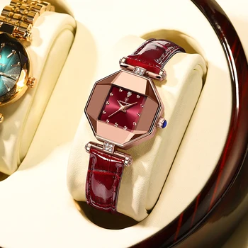 Роскошные кварцевые часы для девочек, элегантный модный циферблат с красным кристаллом, водонепроницаемые Женские кожаные часы, женские часы высокого качества