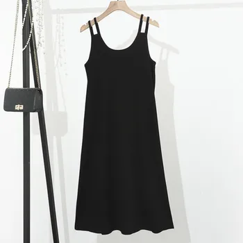 Платья больших размеров Женские 2023 Летние Черные двойные бретельки с разрезом, цельная одежда большого размера S54-2315