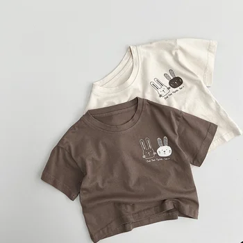 Летняя детская одежда, футболки с короткими рукавами с рисунком мультяшного кролика Для мальчиков и девочек, свободные удобные футболки, топы