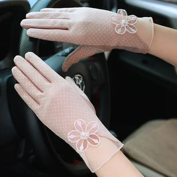 Элегантные солнцезащитные перчатки для вождения, Летние женские Тонкие хлопковые перчатки с сенсорным экраном, защищающие от ультрафиолета Весь палец, Милые кружевные перчатки с цветочным рисунком K60
