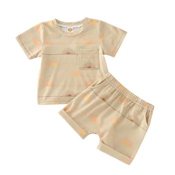 Комплект из 3 предметов для маленьких мальчиков и девочек, летняя детская одежда с короткими рукавами и мультяшным принтом Солнца, платье для малышей, брюки на подтяжках