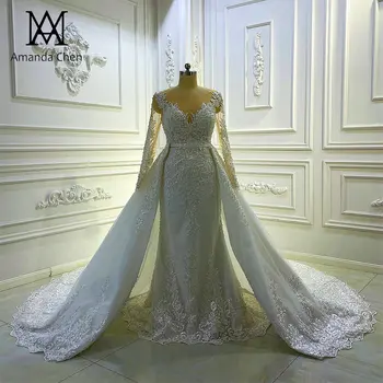 Свадебное платье 2 в 1 со съемной юбкой-русалочкой с кружевной аппликацией и длинным рукавом с длинным рукавом