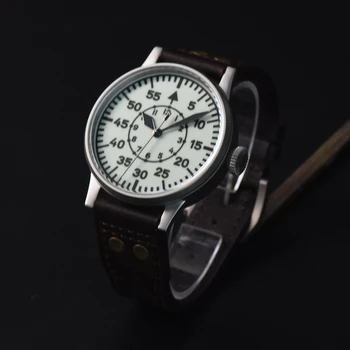 Мужские ретро-часы Hruodland Pilot с белым циферблатом 42 мм, сапфировый циферблат из нержавеющей стали, суперсветящийся механизм с автоподзаводом, кожаный ремешок