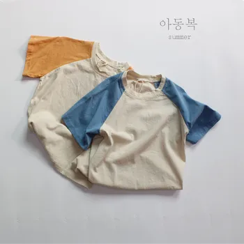 Детская футболка из мягкого тонкого хлопка с принтом, Летний Корейский стиль, короткий рукав, лоскутное шитье, Простая удобная повседневная одежда для детей