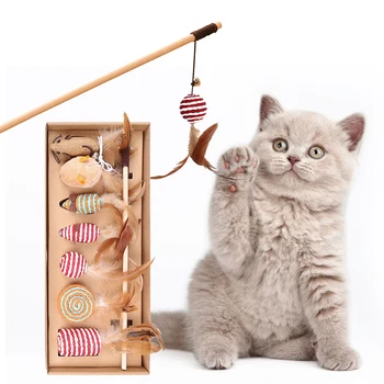 7шт Игрушки-палочки для кошек, игрушки-дразнилки для кошек из натурального дерева, Интерактивная игрушка для кошек, забавный стержень из перьев, Льняные принадлежности для домашних животных