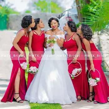 Красные длинные платья подружек невесты на тонких бретельках, футляр на молнии сзади, разрез сбоку, женские платья Русалки для свадебной вечеринки, подружки невесты
