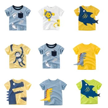 Летние футболки для мальчиков 2023 года, детская хлопковая одежда с мультяшными животными, принтом Акулы и динозавра