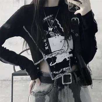 Длинные готические женские Harajuku Y2K рукавом футболка, укороченный топ Харадзюку ретро корейский черный демон панк-принт Одежда Slim аниме гот