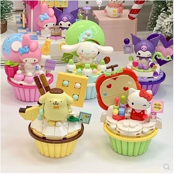 Sanrio Kawaii Подлинный блок Hello Kitty, серия маленьких тортов, Сборные строительные игрушки, Мультфильм, Аниме, Игрушки-головоломки Kuromi, Подарки для детей