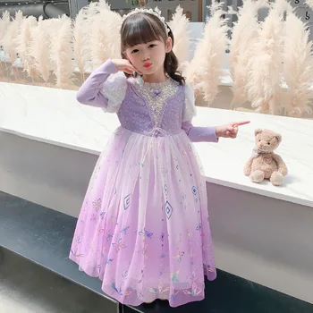 Детское платье принцессы Эльзы для девочки с замороженными блестками и снежинками, платье для вечеринки в честь Хэллоуина, ниспадающий рукав с оборками, косплей-костюм принцессы