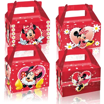 12шт Коробки для праздничных угощений с Минни Маус от Disney, розовые конфеты, подарочная коробка для печенья, пакеты для подарков, коробка для лакомств с ручками, идеально подходящая для вечеринки