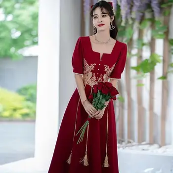 Свадебное платье Невесты осеннее бордовое платье для помолвки, повседневное вечернее платье чонсам в китайском стиле с черного хода