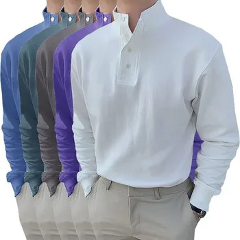 Весенне-осенние мужские блузки, топы, Повседневные мужские рубашки OL с воротником-стойкой и длинным рукавом на пуговицах, Топы FYY-JW0099