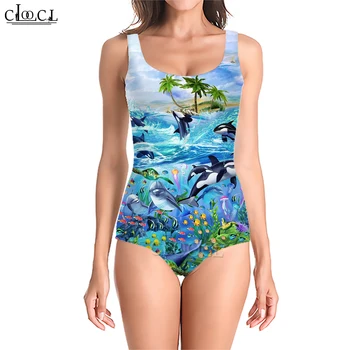 Женский купальник CLOOCL, монокини, купальник с принтом океанской акулы и дельфина, боди без рукавов с низким вырезом, женская летняя одежда для плавания