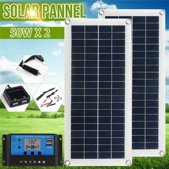 Комплект солнечных панелей 12V Заряжает аккумулятор с контроллером мощностью 50 Вт с 2 USB-портами для кемпинга на открытом воздухе SunPower Bank для телефона RV Car