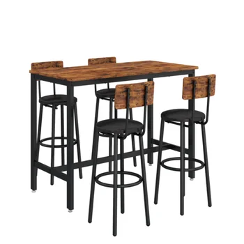 Барный стол с 4 барными стульями, мягкое сиденье из искусственной кожи со спинкой (коричневый в деревенском стиле, 47,24 ’L * 23,62 ’W * 35,43’H) [На складе в США]