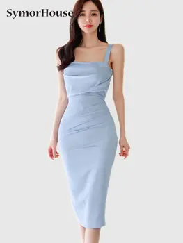 Элегантное Корейское платье-карандаш с подтяжками, женские летние платья-футляры, простые облегающие платья средней длины для офисных вечеринок, облегающие платья
