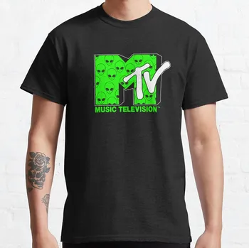 Футболка с электрическим зеленым неоновым логотипом MTV в стиле ретро с инопланетянином, мужская хлопчатобумажная футболка, пустые футболки, мужская одежда