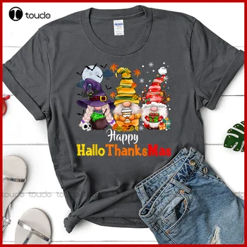 Hallothanksmas Gnomes Lover, Хэллоуин, Счастливого Рождества, футболка с древесным углем, винтажные рубашки для женщин, изготовленные на заказ, для подростков, унисекс