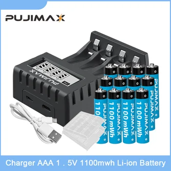 PUJIMAX 4-Слотная Литиевая Аккумуляторная Батарея 1.5 V AAA 1100mWh С 4 Слотами Зарядного Устройства Постоянной Мощности 1.5V 1200 Циклов Перезарядки