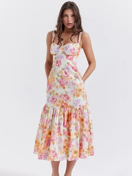 Женское плиссированное платье миди с цветочным принтом Mozision на тонких бретельках, летнее новое Сексуальное длинное платье трапециевидной формы без рукавов с открытой спиной