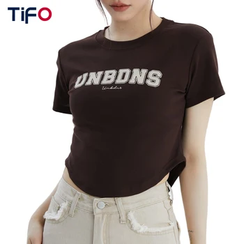 Футболка с коротким рукавом и буквенным принтом, женская уличная одежда с изогнутым подолом, летняя хлопковая футболка с круглым вырезом, облегающая фигуру