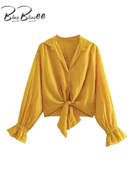 BlingBlingee 2023 Летняя тонкая женская повседневная блузка с завязанным подолом, длинным рукавом и пуговицами с V-образным вырезом, свободная рубашка, женский укороченный топ Y2K