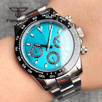 Многофункциональные наручные часы с кварцевым хронографом VK63 из нержавеющей стали 39 мм, синий циферблат Sunburst, Сапфировое стекло, дата