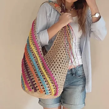 Цветная полосатая сумка-мешок большой емкости, роскошные дизайнерские сумки для женщин, сумка через плечо, пляжная сумка, связанная вручную из хлопчатобумажных ниток