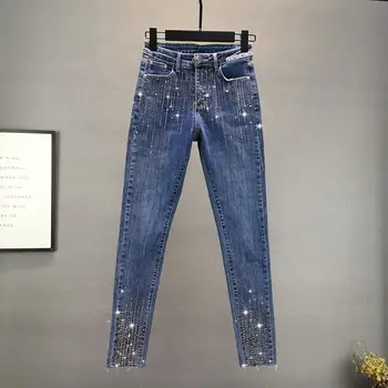 Женские джинсы с бисером, уличная одежда, тонкие джинсы с высокой талией и бриллиантами, женские повседневные брюки-карандаш, брюки большого размера