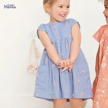 Little maven 2022, Летнее платье для маленьких девочек, синее, с прекрасным радужным единорогом, Детская повседневная одежда из хлопка для детей 2-7 лет