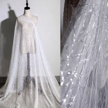 Креативная волна, белая сетка, серебряные блестки для свадебного платья для женщин, ткань с лазерной иллюзией, дизайнерская ткань, Бесплатная доставка