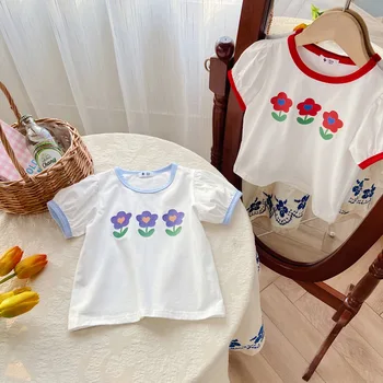 Детская Летняя хлопковая футболка для маленьких девочек, футболка с короткими пышными рукавами и цветочным принтом, Детские футболки с круглым вырезом для девочек Оптом