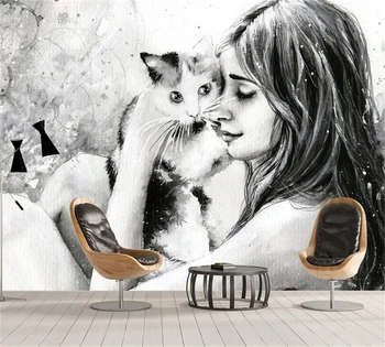 beibehang Современная мода, новые обои, черно-белая ручная роспись, женщина и кошка, фоновая стена для гостиной, настенная роспись на заказ