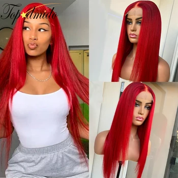 Topodmido Длинные прямые волосы 13x4 парики на кружеве спереди со средней частью красного цвета Бразильские парики из человеческих волос Remy для женщин