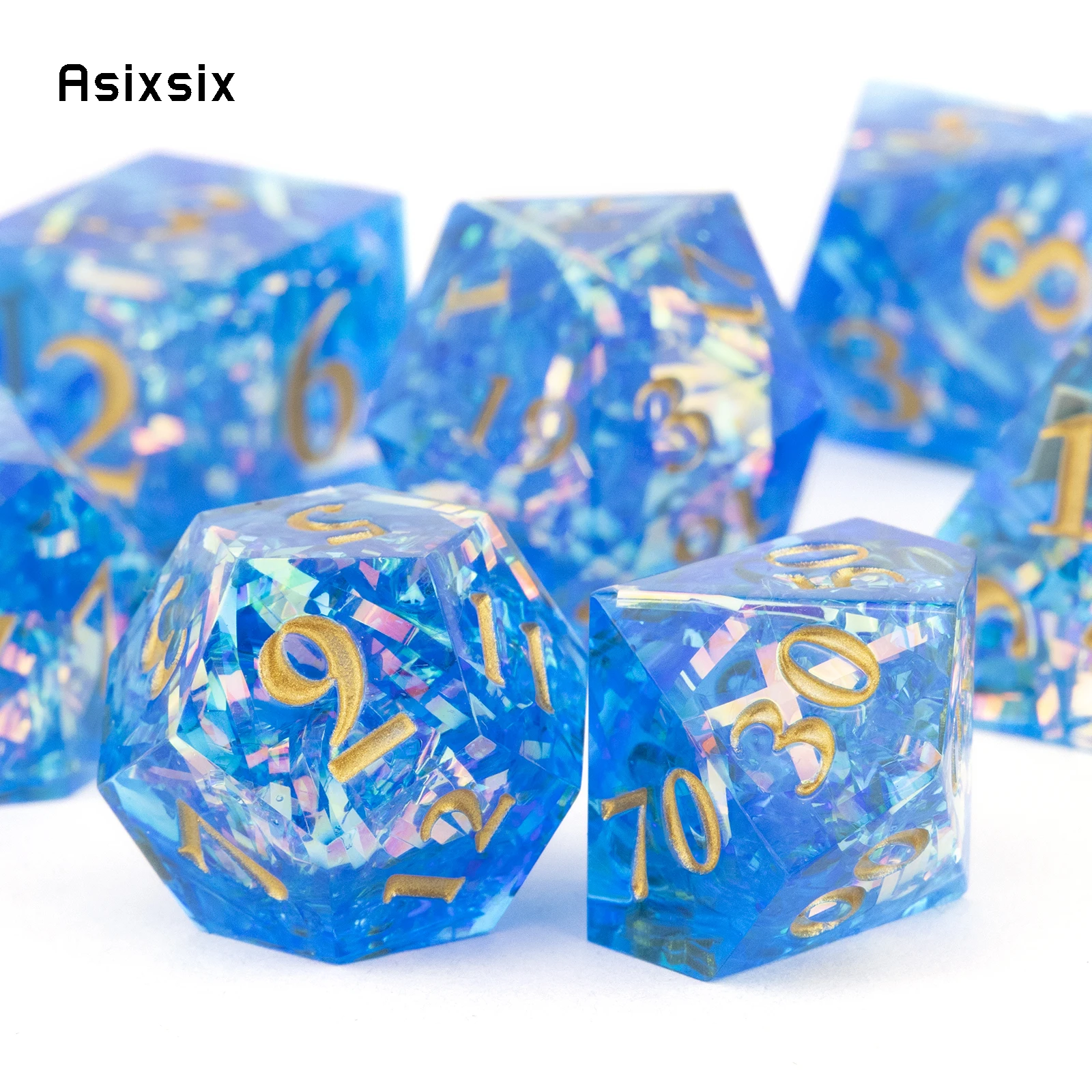 7 шт., Многогранные кубики с острыми краями из синей смолы с золотым номером, подходящие для настольной ролевой игры RPG Изображение 3