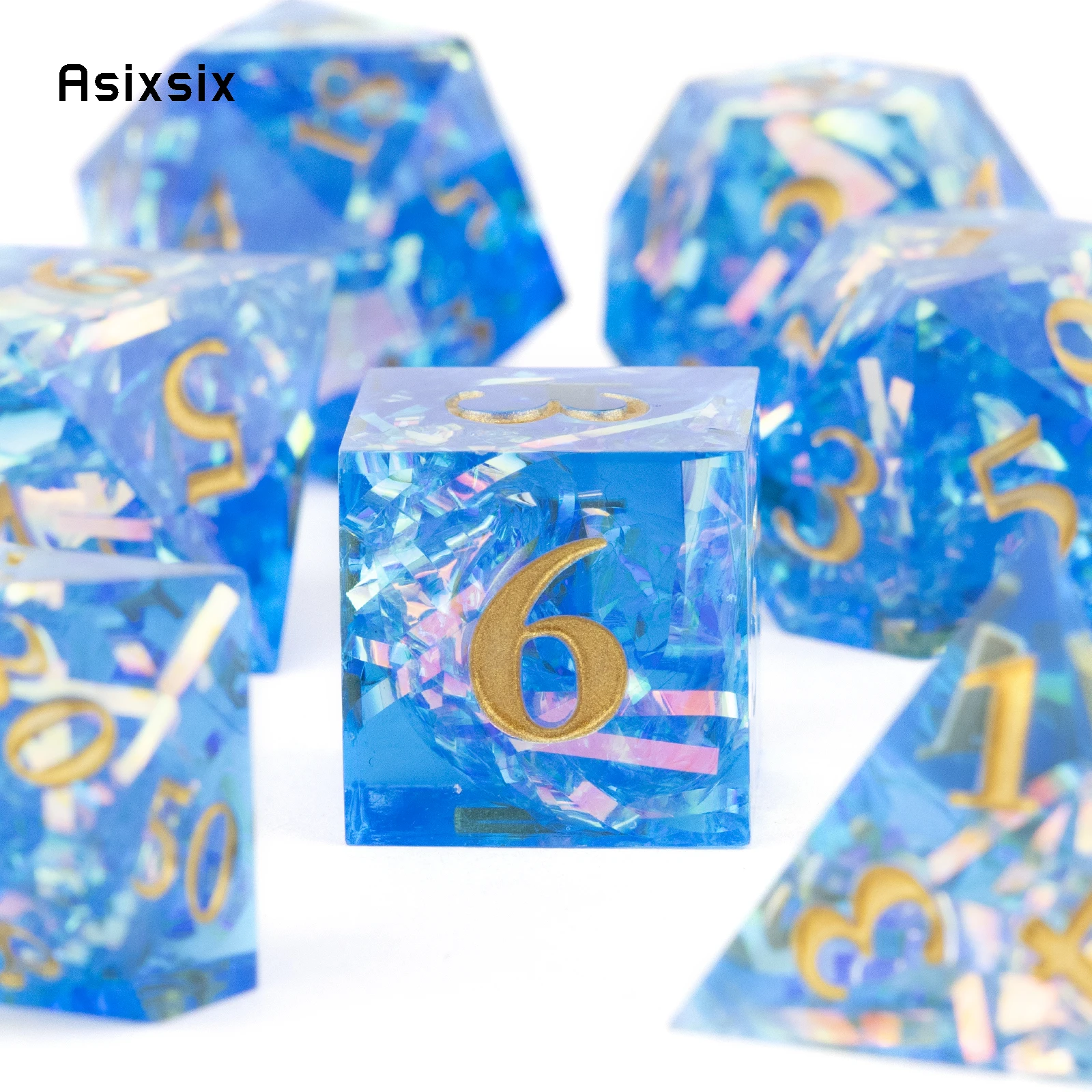 7 шт., Многогранные кубики с острыми краями из синей смолы с золотым номером, подходящие для настольной ролевой игры RPG Изображение 4