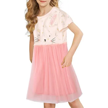 Кружевное платье с кроликом для девочек, летние платья с коротким рукавом, повседневный сарафан Миди с ярусами, от 2 до 7 лет, маленькое платье