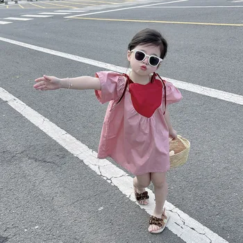 Детская одежда one piece 2023 летнее платье в стиле пэчворк для корейской девочки нежно-розового цвета в стиле пэчворк с рукавами-пузырями