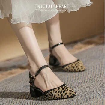пикантные леопардовые вязаные босоножки, женские летние туфли с острым носком и ремешком на щиколотке, на среднем каблуке, плетеные сандалии-гладиаторы, mujer