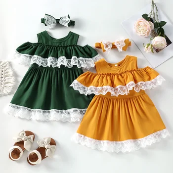 FOCUSNORM, 2 цвета, летнее милое платье для маленьких девочек, одежда от 1 до 6 лет, платье трапециевидной формы с открытыми плечами, кружевные оборки, повязка на голову