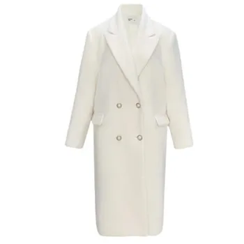 Белое зимнее элегантное женское длинное шерстяное пальто из смесовой шерсти, свободная двубортная толстая теплая верхняя одежда