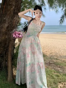 Летнее Элегантное платье-качели с квадратным вырезом на бретельках и принтом, Женские платья, Женская Корейская модная одежда 2023 года, женская одежда в корейском стиле.