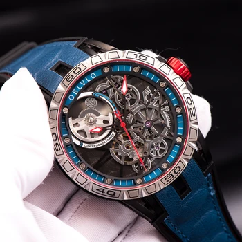 OBLVLO Новые дизайнерские спортивные механические часы в стиле стимпанк для мужчин со скелетным циферблатом, автоматические часы с автоподзаводом, часы с каучуковым ремешком