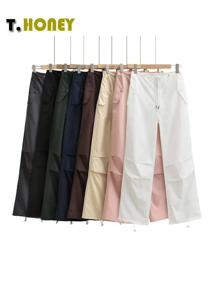 TELLHONEY Женские модные однотонные брюки на шнуровке спереди с карманами, женские повседневные брюки-карго с прямым подолом и завязками на высокой талии Изображение 0